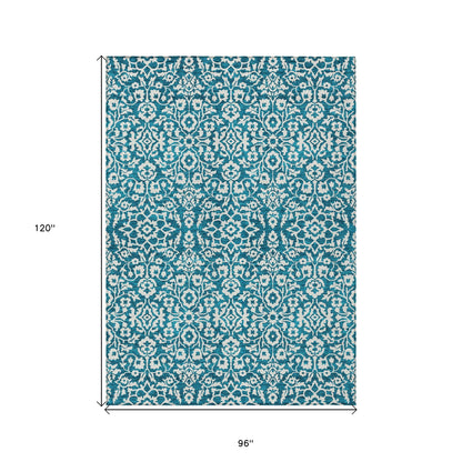 8' X 10' Teal Blue And Ivory Damask Washable Indoor Outdoor Area Rug-2