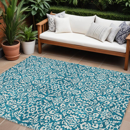 8' X 10' Teal Blue And Ivory Damask Washable Indoor Outdoor Area Rug-0