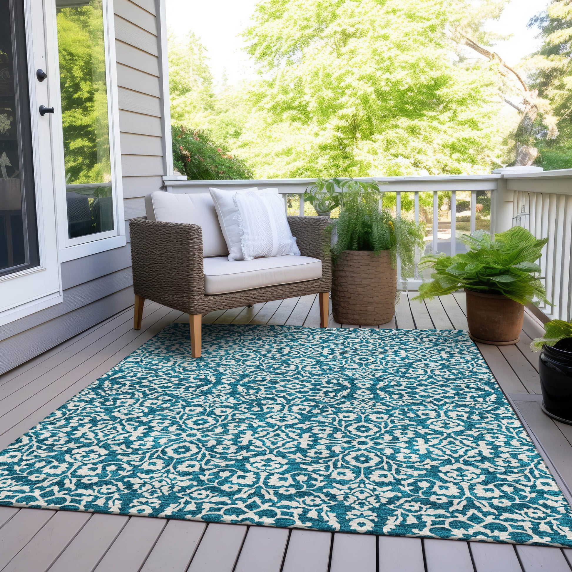 8' X 10' Teal Blue And Ivory Damask Washable Indoor Outdoor Area Rug-6