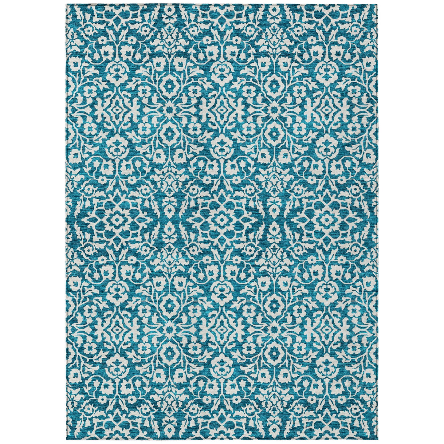 8' X 10' Teal Blue And Ivory Damask Washable Indoor Outdoor Area Rug-1
