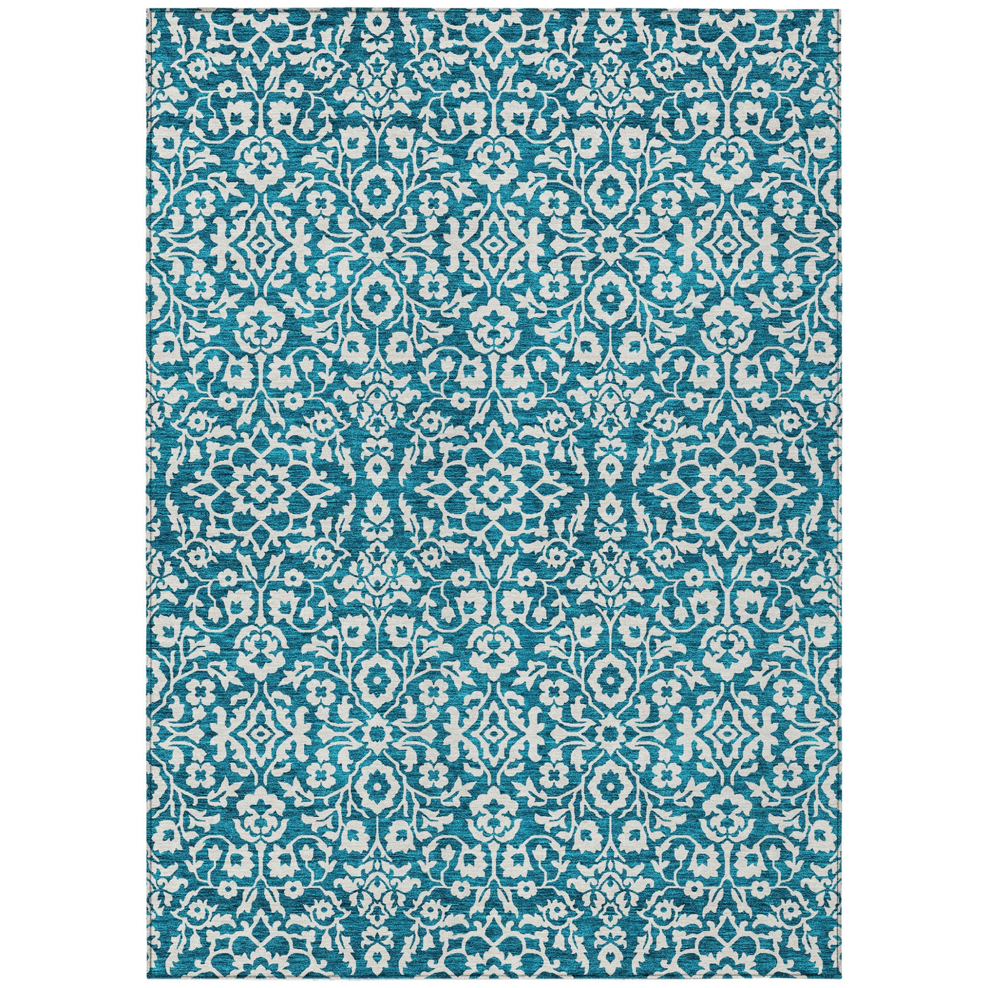 8' X 10' Teal Blue And Ivory Damask Washable Indoor Outdoor Area Rug-1