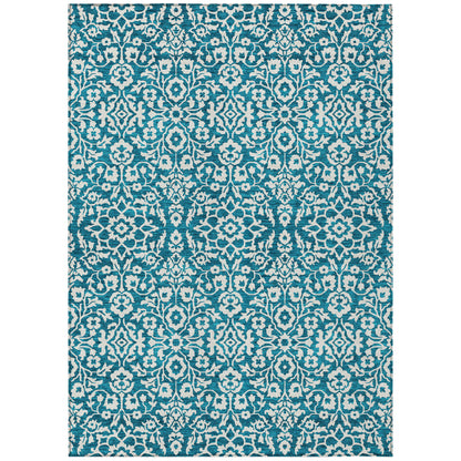 8' X 10' Teal Blue And Ivory Damask Washable Indoor Outdoor Area Rug-1