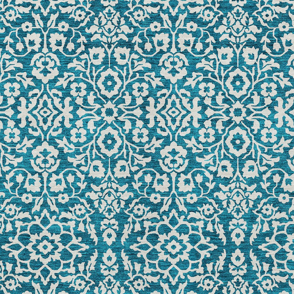 8' X 10' Teal Blue And Ivory Damask Washable Indoor Outdoor Area Rug-4