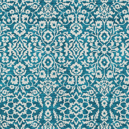 8' X 10' Teal Blue And Ivory Damask Washable Indoor Outdoor Area Rug-4