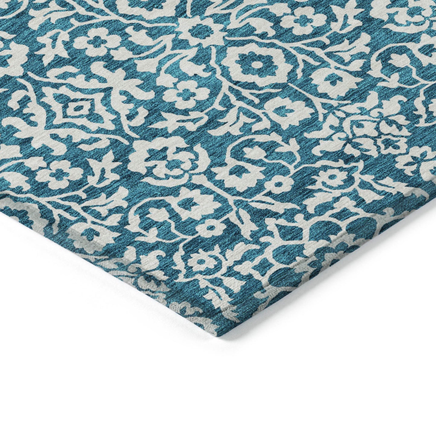 8' X 10' Teal Blue And Ivory Damask Washable Indoor Outdoor Area Rug-3