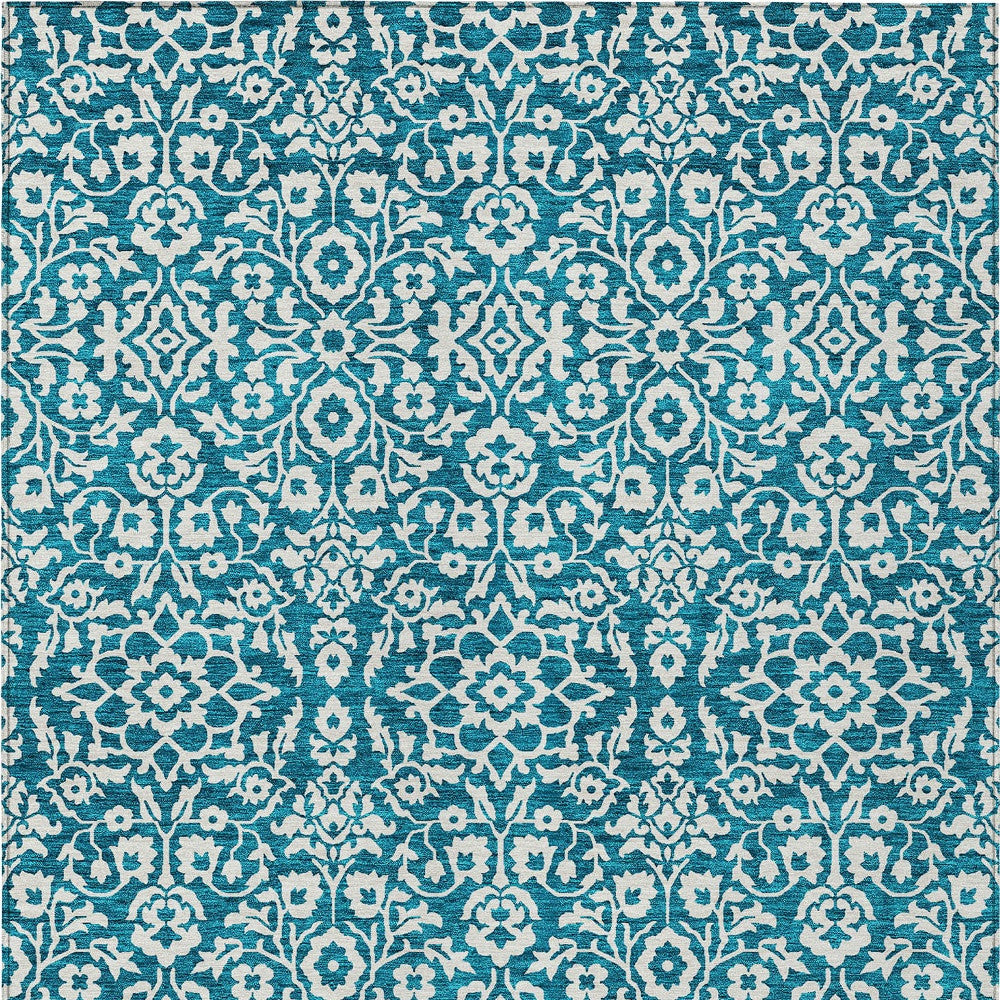 8' X 10' Teal Blue And Ivory Damask Washable Indoor Outdoor Area Rug-5