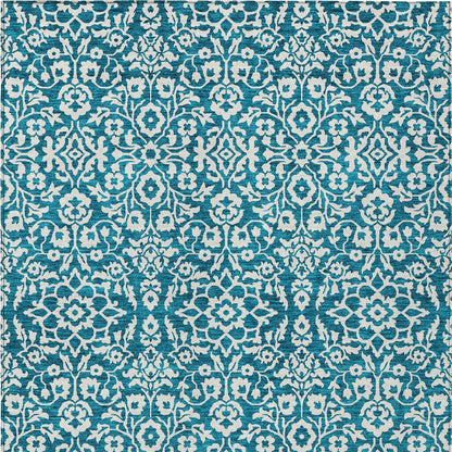 8' X 10' Teal Blue And Ivory Damask Washable Indoor Outdoor Area Rug-5