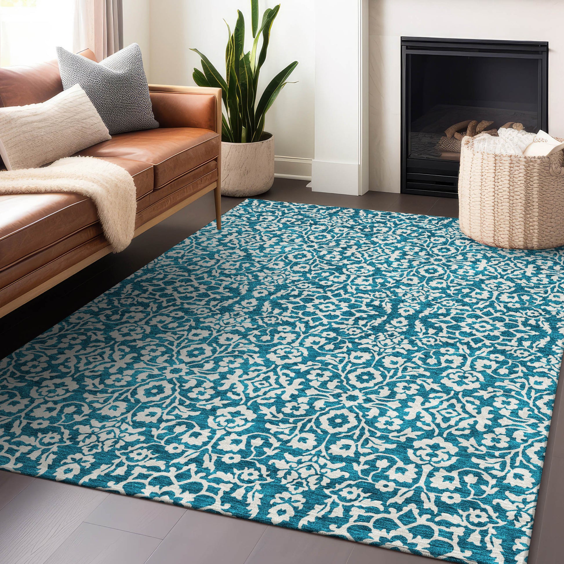 8' X 10' Teal Blue And Ivory Damask Washable Indoor Outdoor Area Rug-7