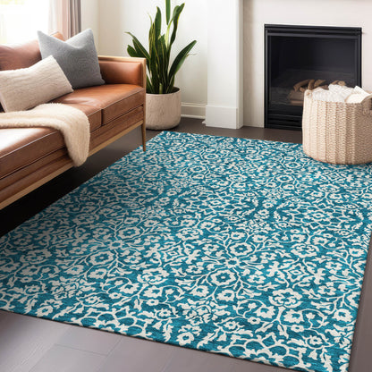 8' X 10' Teal Blue And Ivory Damask Washable Indoor Outdoor Area Rug-7