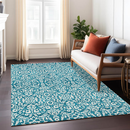 8' X 10' Teal Blue And Ivory Damask Washable Indoor Outdoor Area Rug-8