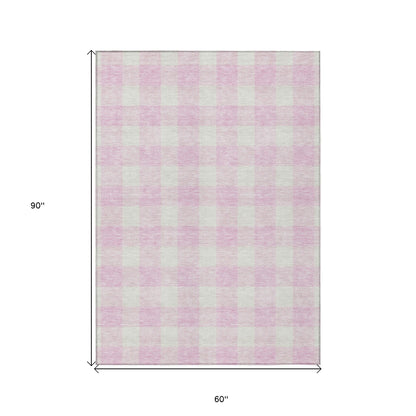 5' X 8' Pink And Gray Plaid Washable Indoor Outdoor Area Rug-2