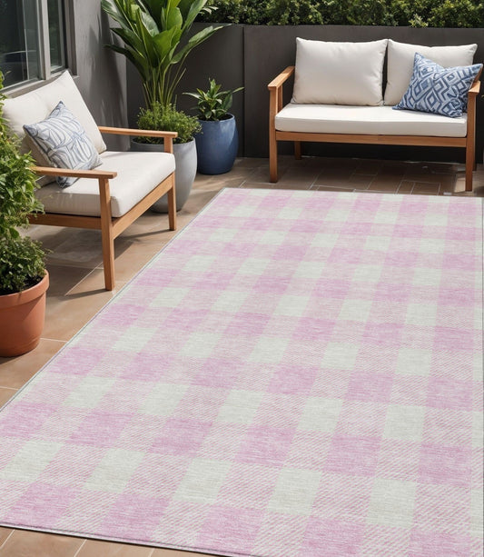 5' X 8' Pink And Gray Plaid Washable Indoor Outdoor Area Rug-0