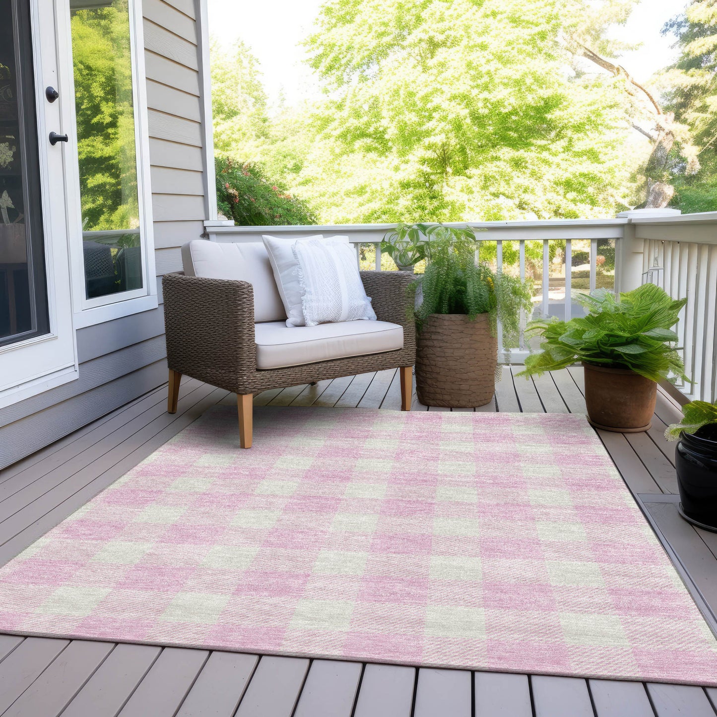 5' X 8' Pink And Gray Plaid Washable Indoor Outdoor Area Rug-7