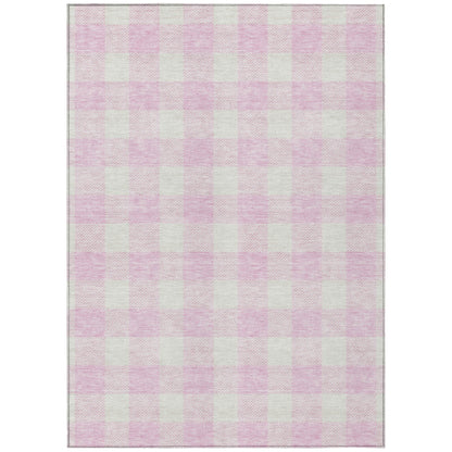 5' X 8' Pink And Gray Plaid Washable Indoor Outdoor Area Rug-1
