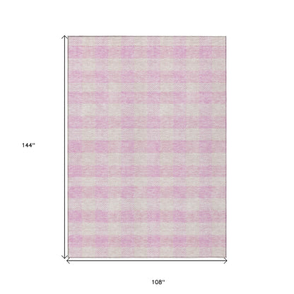 9' X 12' Pink And Gray Plaid Washable Indoor Outdoor Area Rug-2