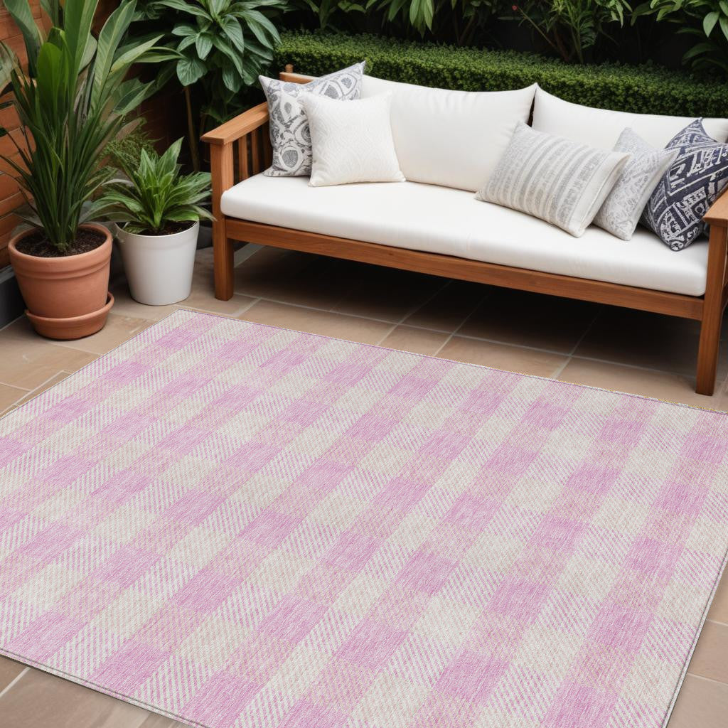 9' X 12' Pink And Gray Plaid Washable Indoor Outdoor Area Rug-0