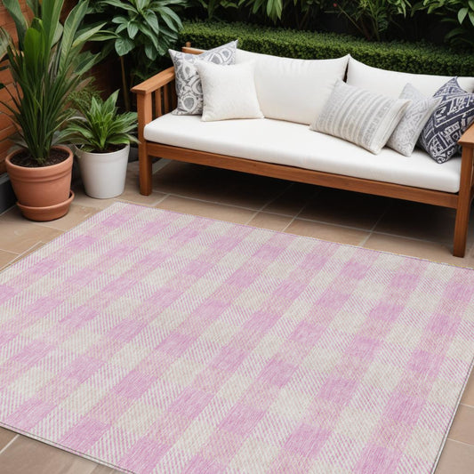 9' X 12' Pink And Gray Plaid Washable Indoor Outdoor Area Rug-0