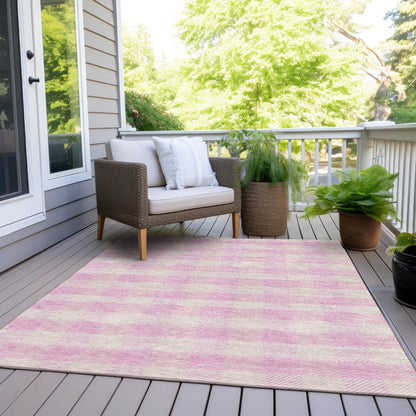 9' X 12' Pink And Gray Plaid Washable Indoor Outdoor Area Rug-7