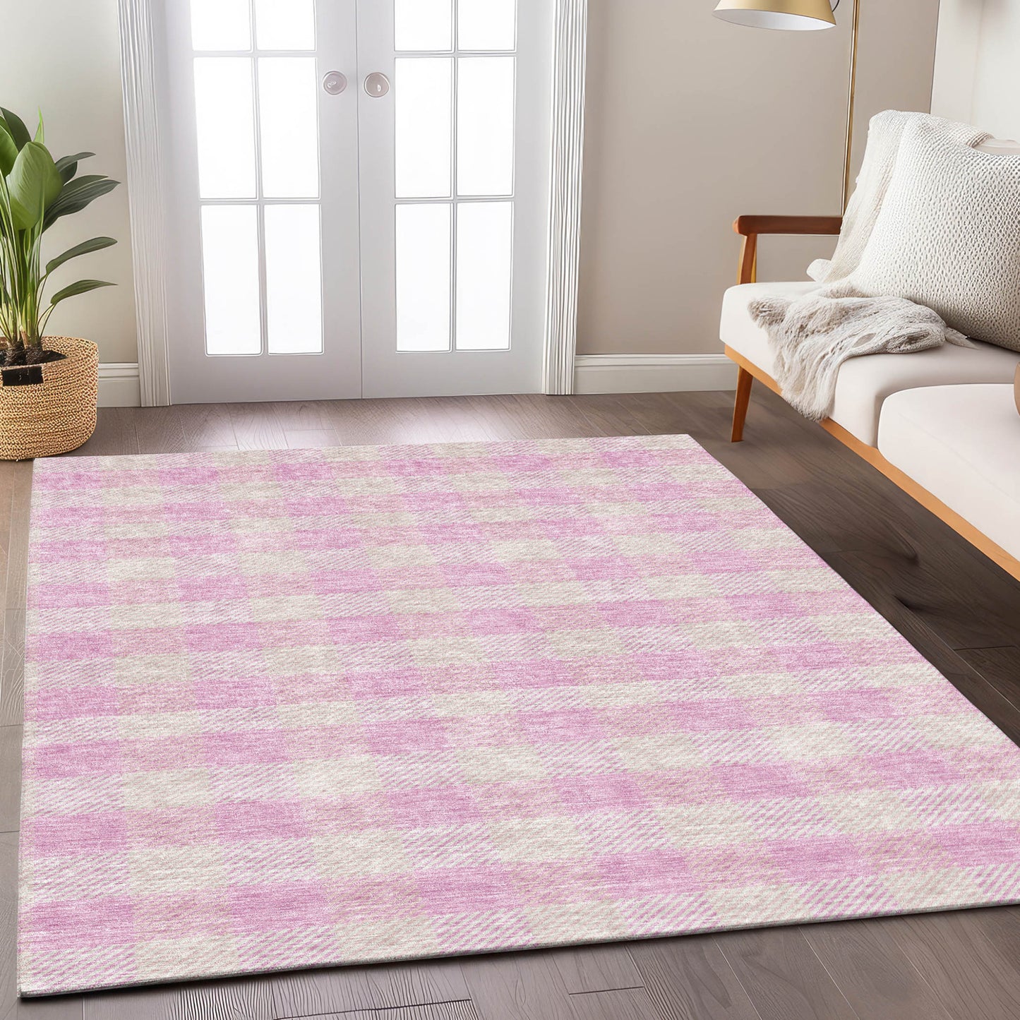 9' X 12' Pink And Gray Plaid Washable Indoor Outdoor Area Rug-8