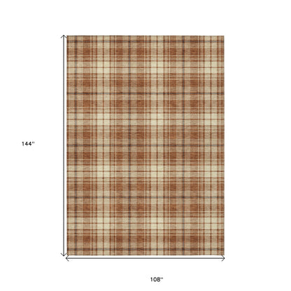 9' X 12' Brown Black And Beige Plaid Washable Indoor Outdoor Area Rug-2