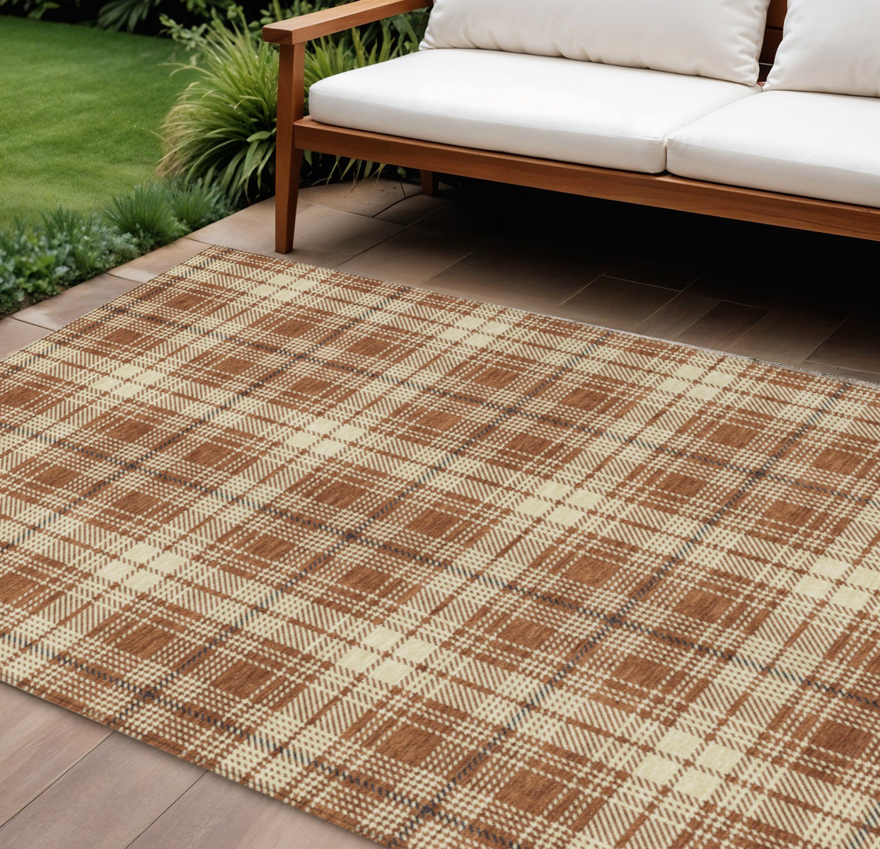 9' X 12' Brown Black And Beige Plaid Washable Indoor Outdoor Area Rug-0
