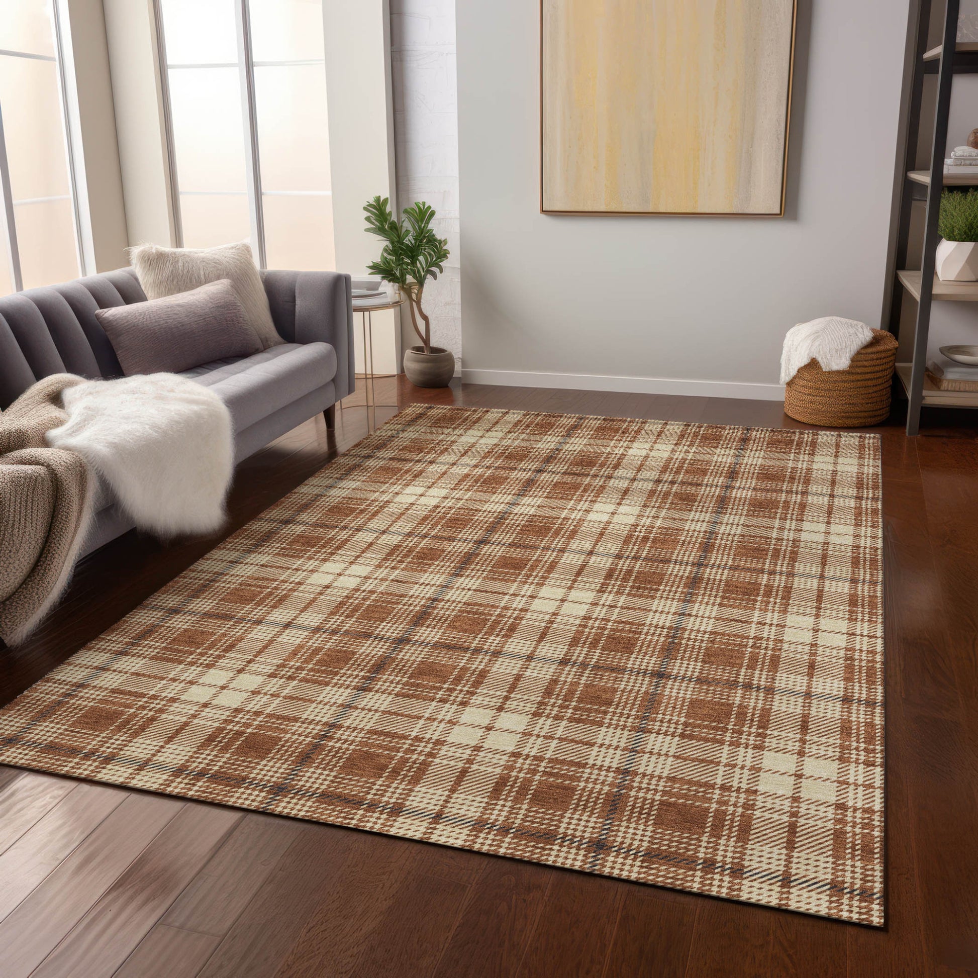 9' X 12' Brown Black And Beige Plaid Washable Indoor Outdoor Area Rug-8