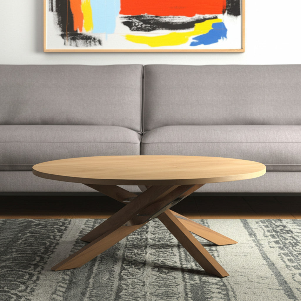 42" Natural Solid Wood Round Cross Legs Coffee Table-0