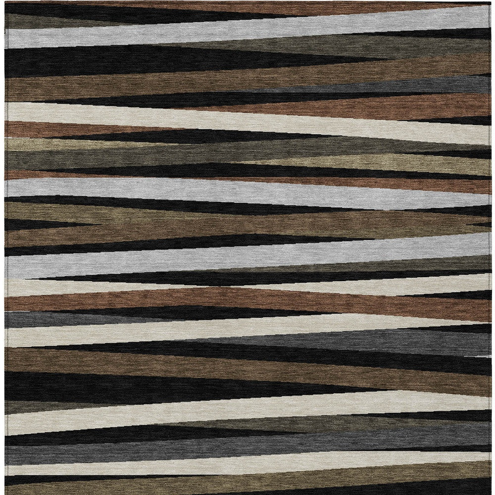 9' X 12' Black Brown And Ivory Striped Washable Indoor Outdoor Area Rug-5