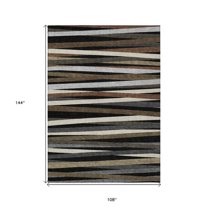 9' X 12' Black Brown And Ivory Striped Washable Indoor Outdoor Area Rug-2
