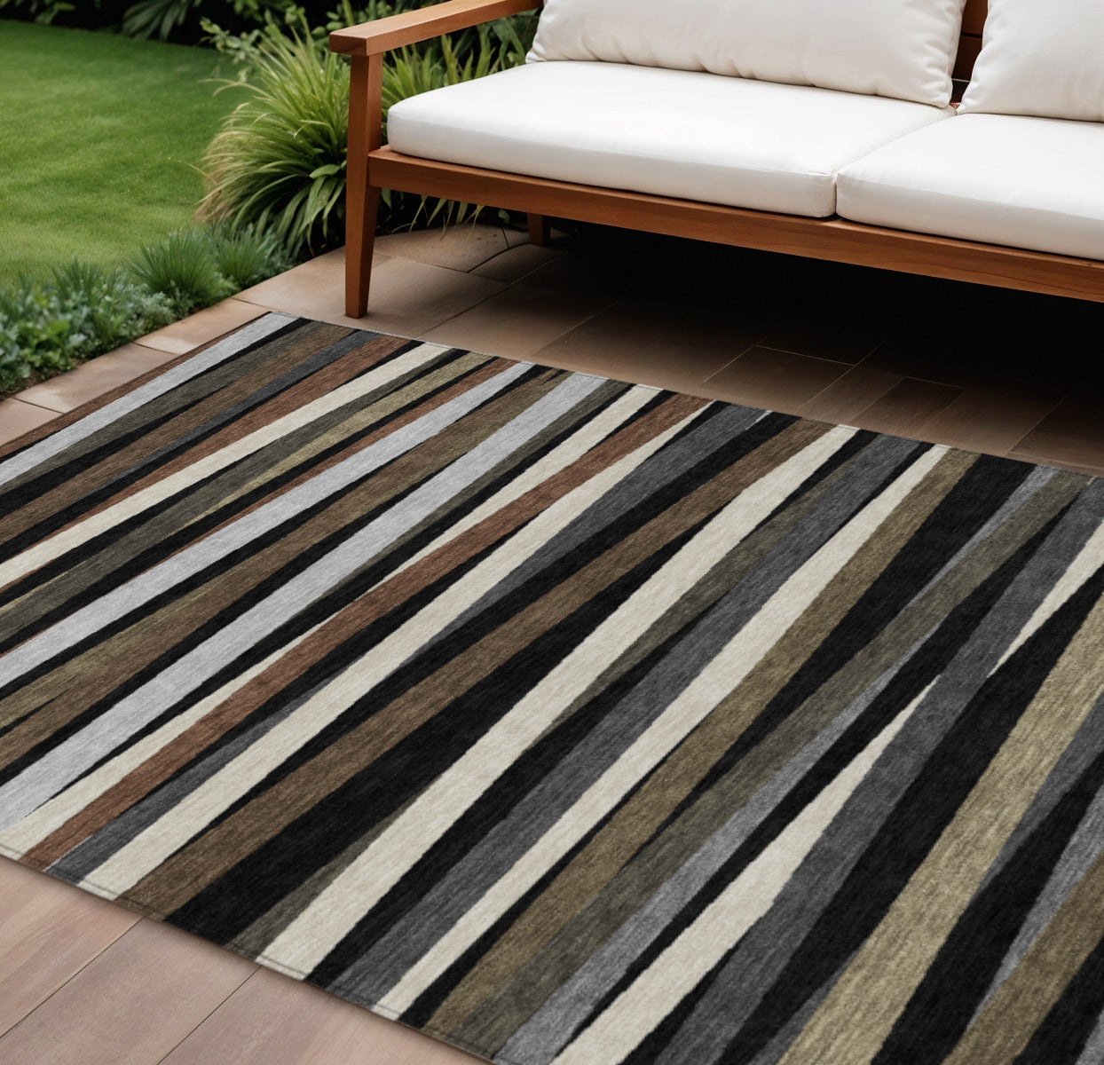 9' X 12' Black Brown And Ivory Striped Washable Indoor Outdoor Area Rug-0