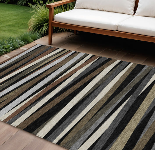 9' X 12' Black Brown And Ivory Striped Washable Indoor Outdoor Area Rug-0