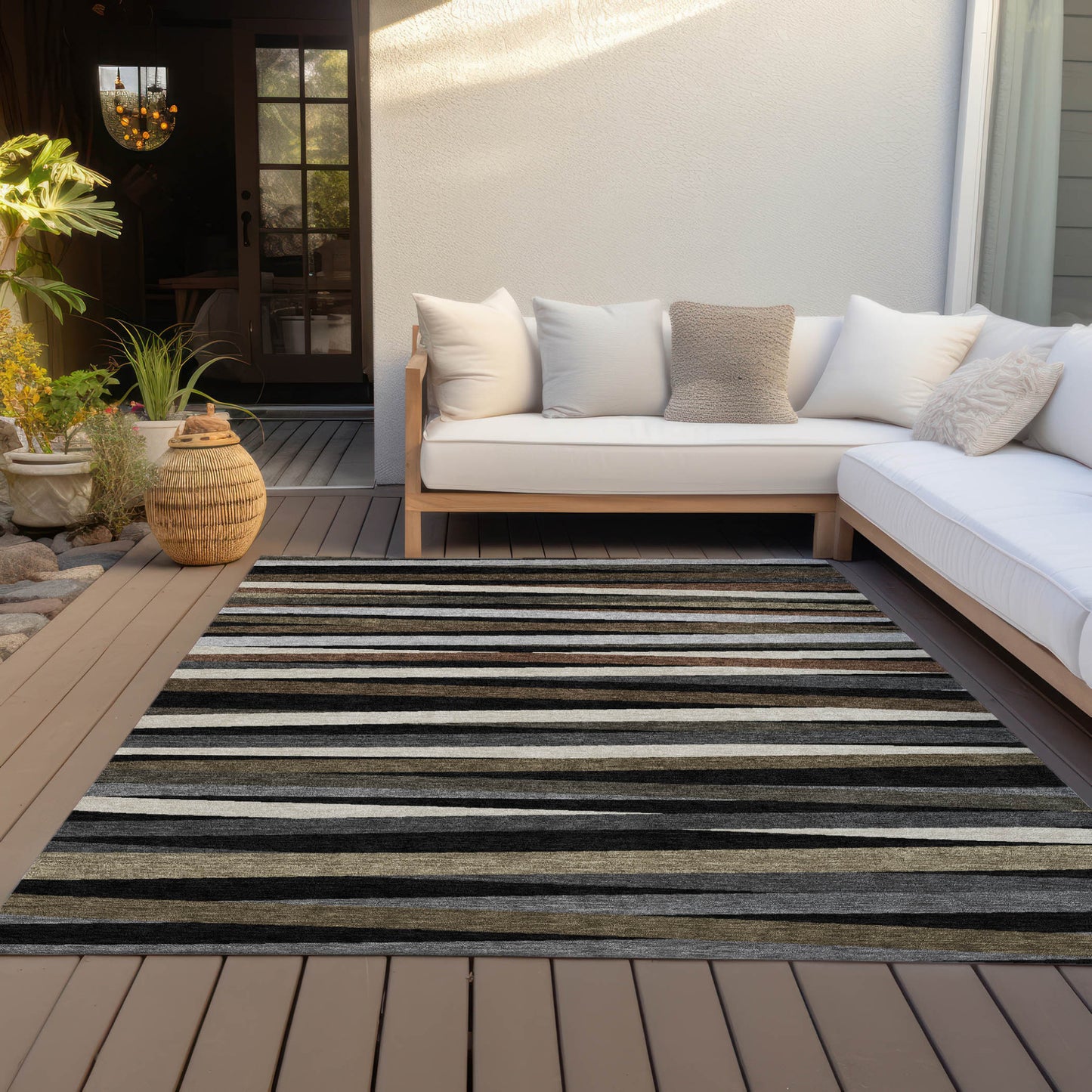 9' X 12' Black Brown And Ivory Striped Washable Indoor Outdoor Area Rug-6