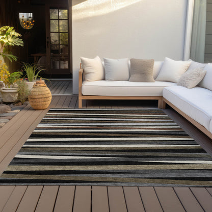 9' X 12' Black Brown And Ivory Striped Washable Indoor Outdoor Area Rug-6