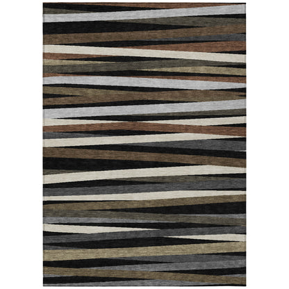 9' X 12' Black Brown And Ivory Striped Washable Indoor Outdoor Area Rug-1