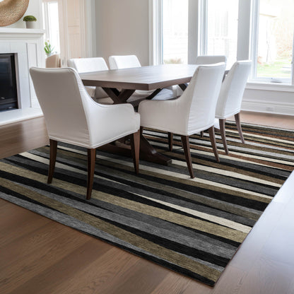 9' X 12' Black Brown And Ivory Striped Washable Indoor Outdoor Area Rug-8