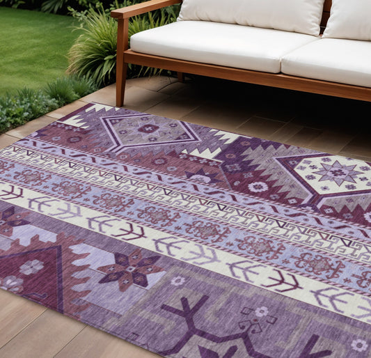 9' X 12' Purple Lavender And Ivory Aztec Washable Indoor Outdoor Area Rug-0