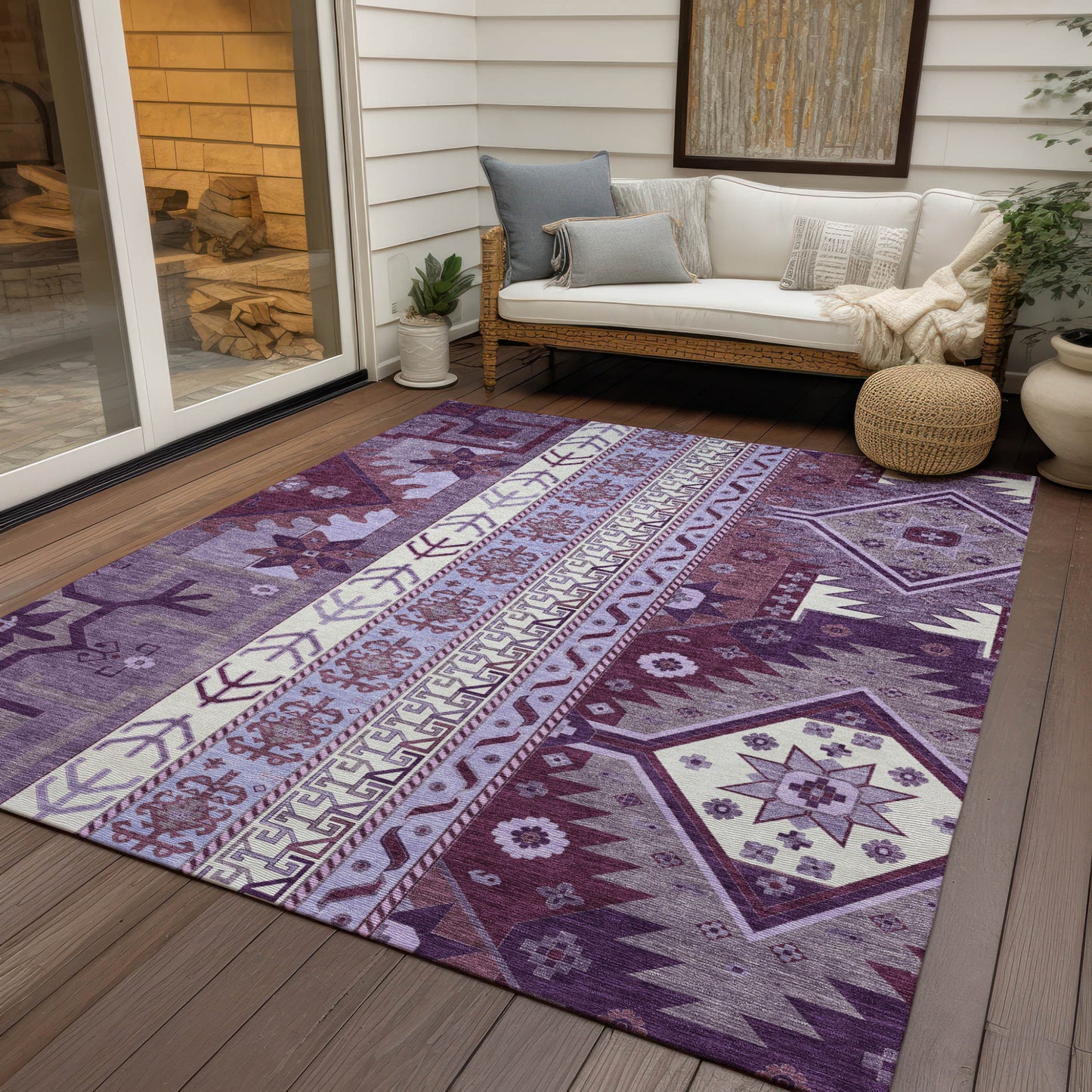 9' X 12' Purple Lavender And Ivory Aztec Washable Indoor Outdoor Area Rug-7