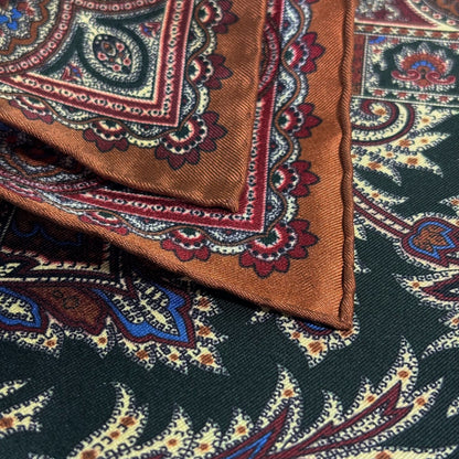 Forest Green & Brown Floral Motif Ancient Madder Silk Pocket Square-4