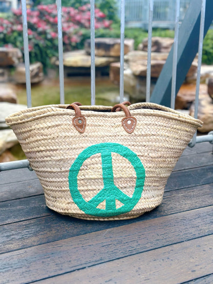 Abella Large Straw Basket with a Green Peace Sign-0