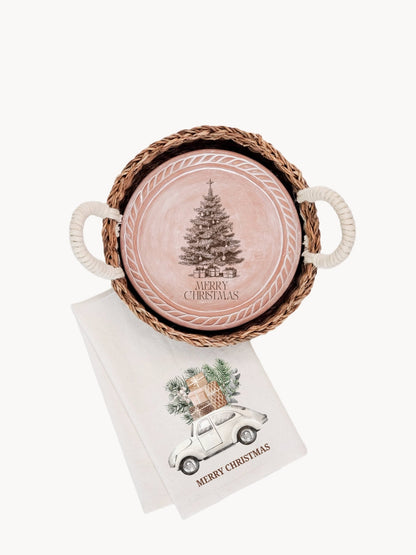 Bread Warmer & Basket Gift Set with Tea Towel - Christmas Tree Round-0