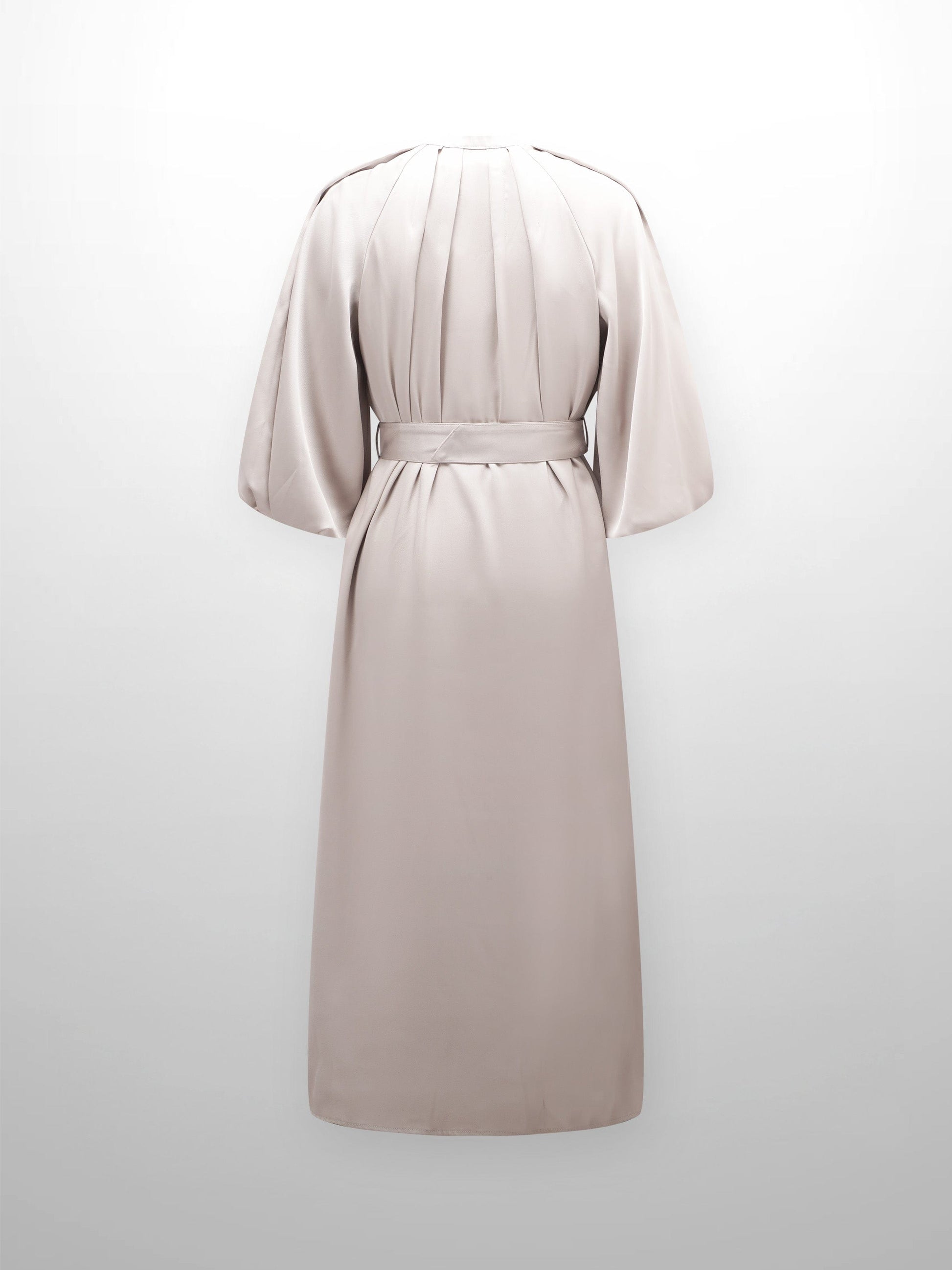 Pleat Neck Belted Dress-Ecru-2
