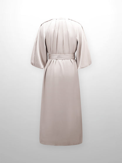 Pleat Neck Belted Dress-Ecru-2