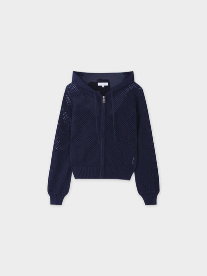Zip Up Crochet Hoodie-Navy-0