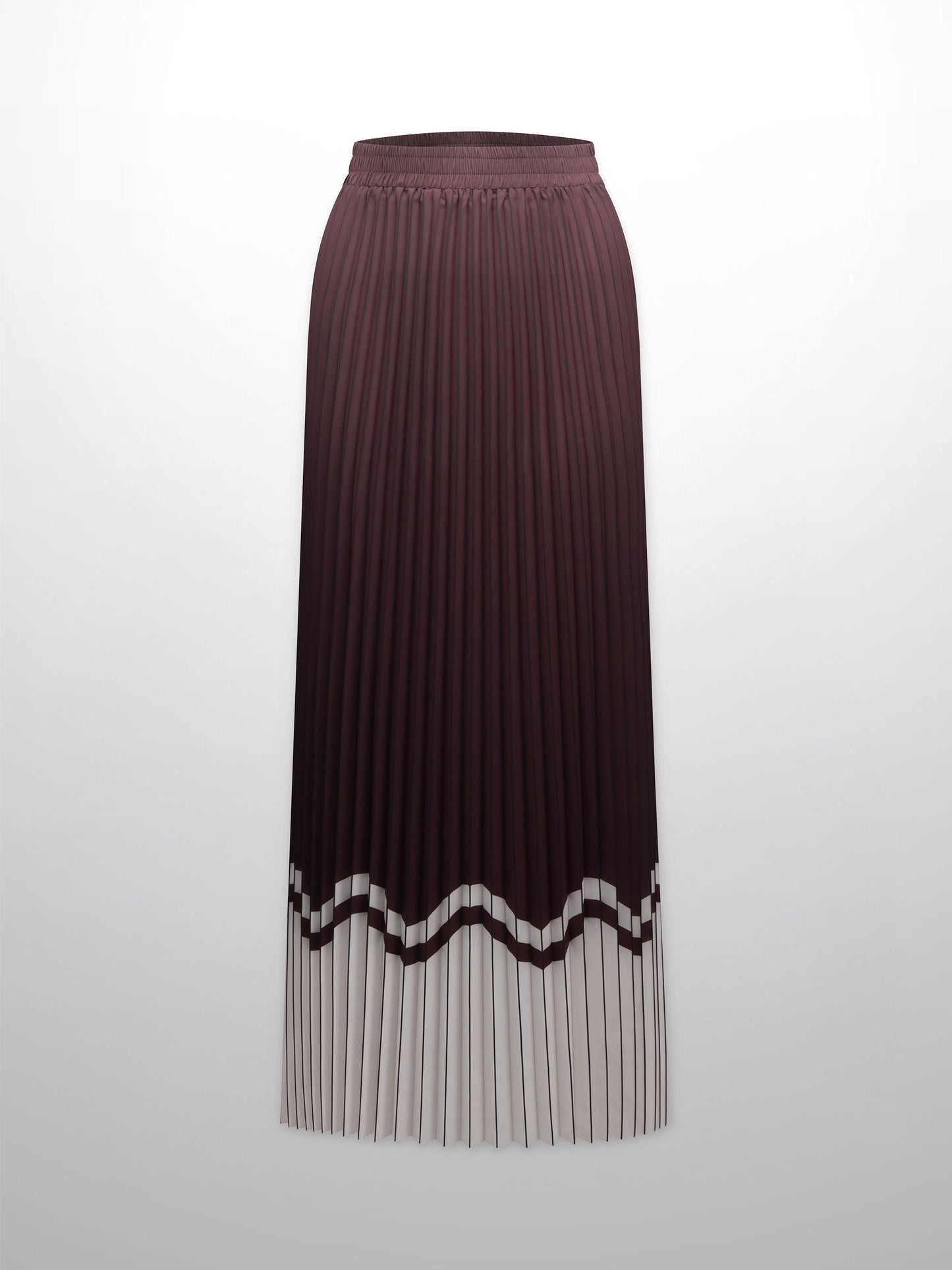 Elastic Waist Printed Pleated Skirt-Brown Chevron Border-0