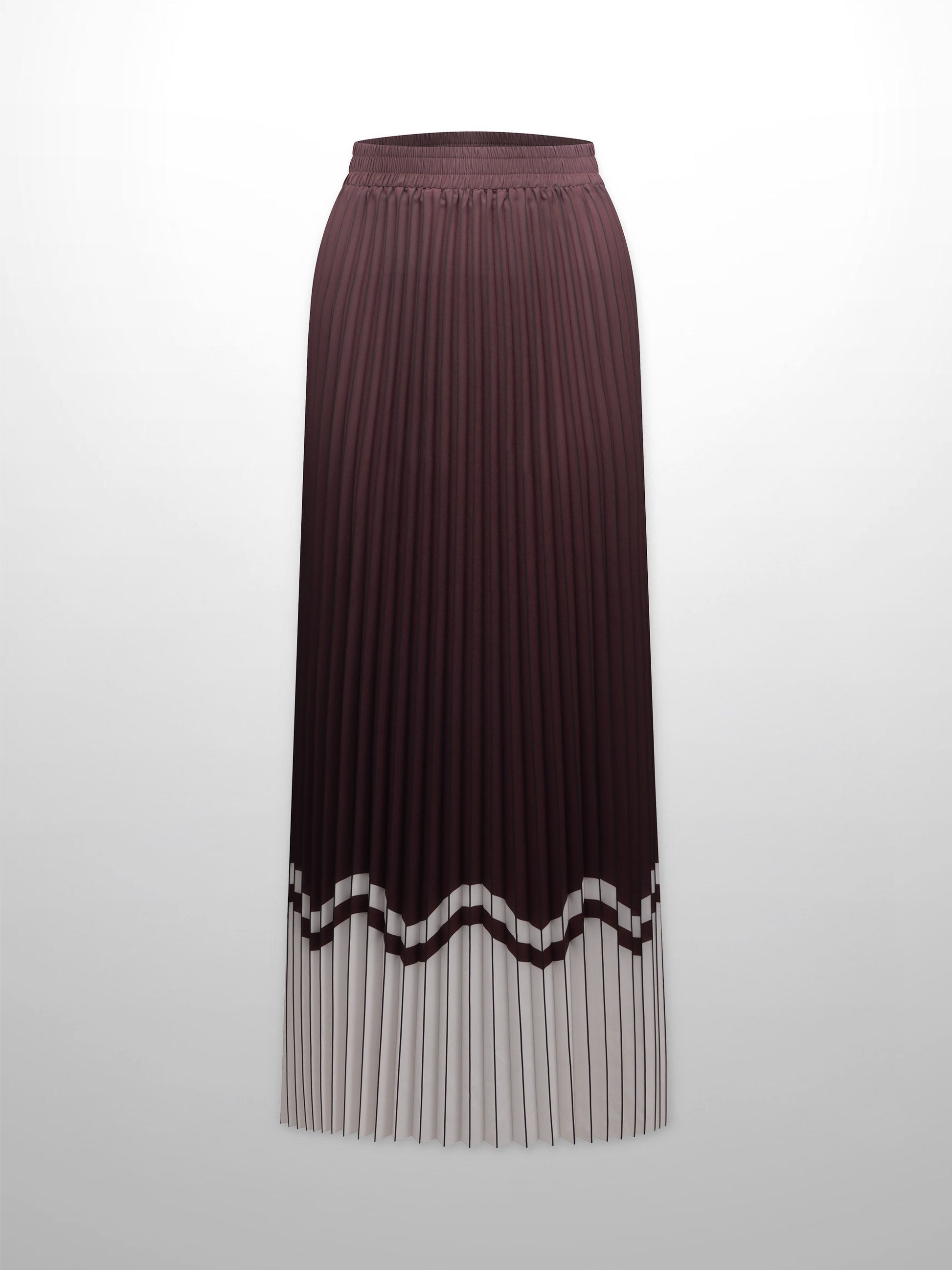 Elastic Waist Printed Pleated Skirt-Brown Chevron Border-0