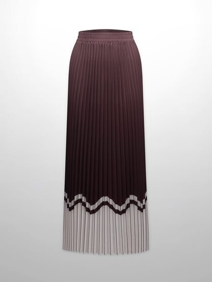 Elastic Waist Printed Pleated Skirt-Brown Chevron Border-0