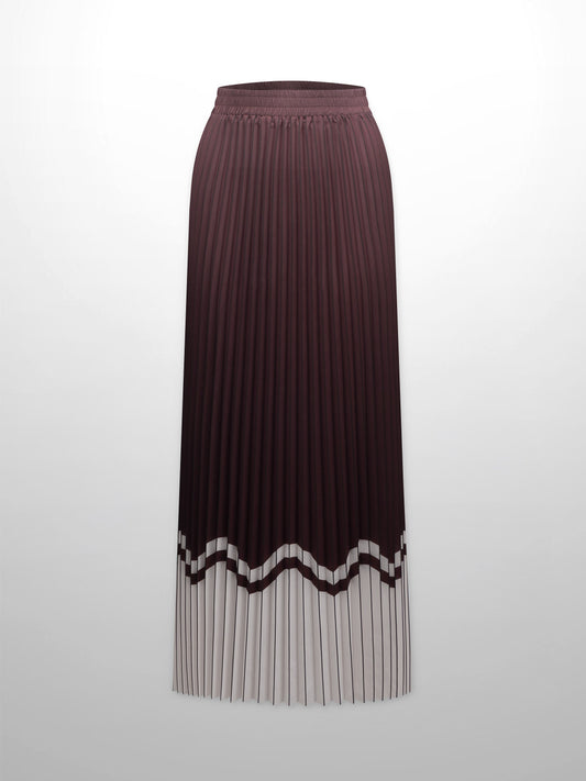 Elastic Waist Printed Pleated Skirt-Brown Chevron Border-0