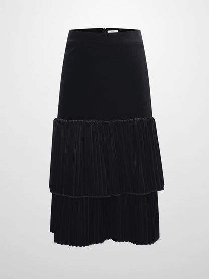 Double Layer Pleated Bottom Velvet Skirt-Black-0