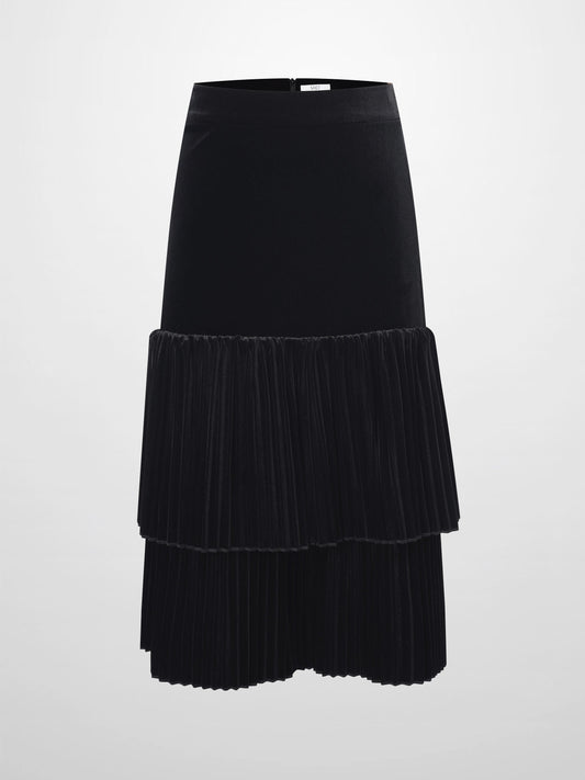 Double Layer Pleated Bottom Velvet Skirt-Black-0