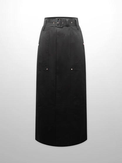 Belted Cotton Cargo Skirt-Black-1